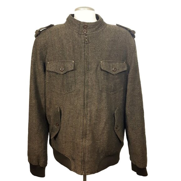 Twenty One Men Wool Blend Flight Jacket Coat XL Chevron Tweed Pockets Dark Brown - Picture 1 of 6